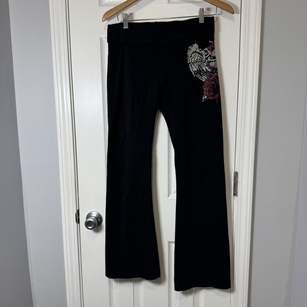 T-Party Womens Black Flared Leg Pants Large Yoga Loungewear Y2K Fold Waist Bling